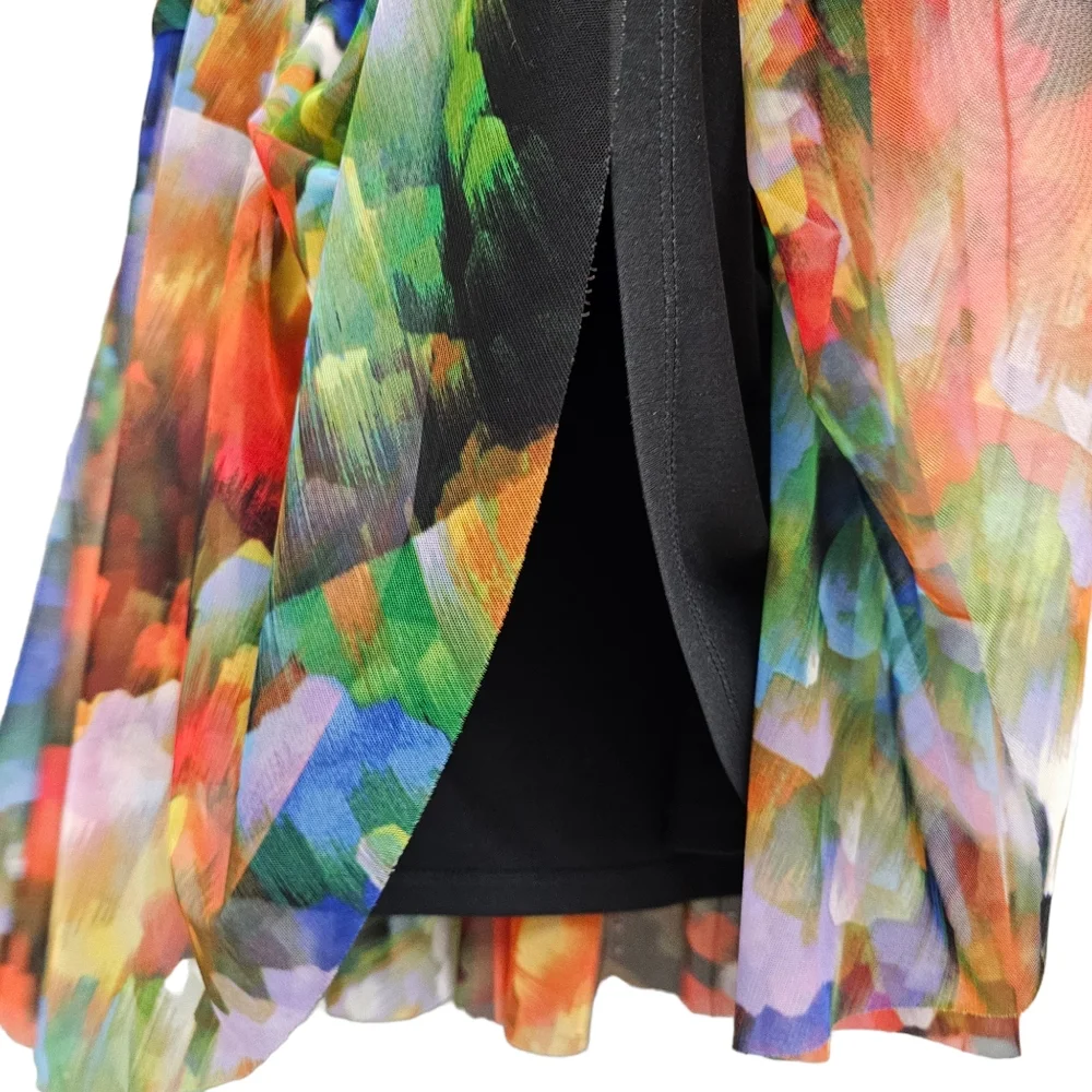 London Times Jeweltones Abstract Paint Splash Tiered Sleeveless Mesh Dress - Picture 13 of 15